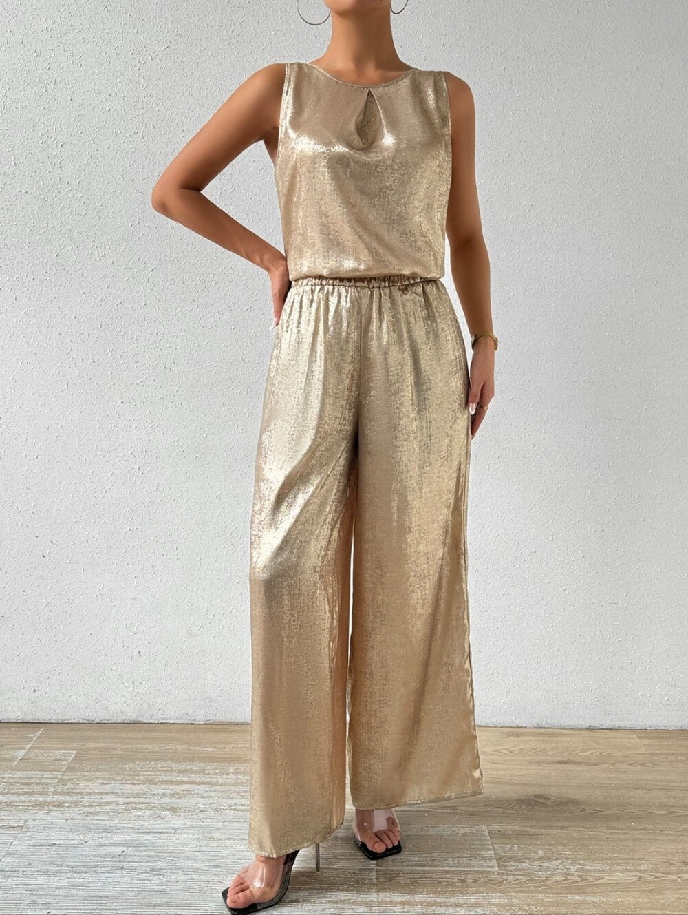 Sleeveless Camel Wide-Leg Pants And Top Set